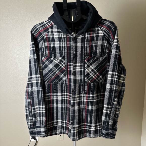 Zara Men’s Medium Plaid Hooded Shirt Jacket Black Red Flannel Relaxed Fit - Picture 2 of 5